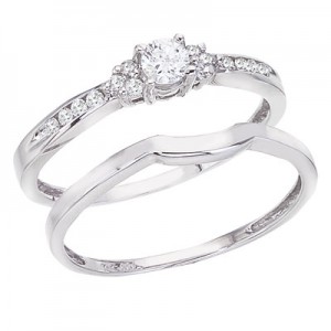 14K White Gold 3 Stone .27 Ct Diamond Qpid Bridal Ring Set