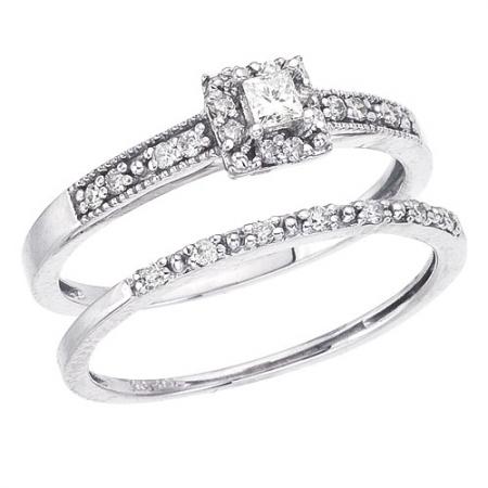 14K White Gold Cathedral Qpid .29 Ct Diamond Bridal Ring Set