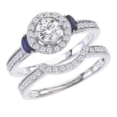 14K White Gold Qpid .77 Ct Diamond and Sapphire Bridal Ring