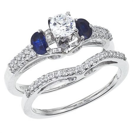 14K White Gold Qpid .50 Ct Diamond and Sapphire Bridal Ring Set