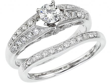 14K White Gold Qpid .76 Ct Diamond Bridal Crown Ring Set