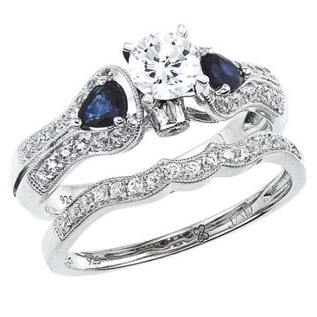 14K Whiite Gold Qpid Pear Sapphire and .66 Ct Diamond Bridal Ring Set