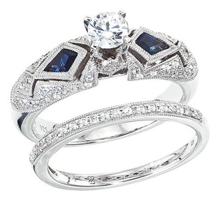 14K White Gold Qpid .75 Ct Diamond and Marquis Sapphire Bridal Ring Set