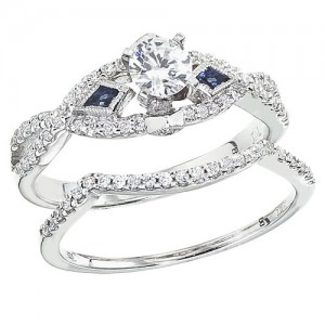 14K White Gold Qpid .65 Ct Diamond and Sapphire Bridal Ring Set