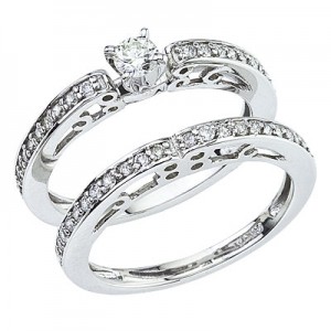 14K White Gold Qpid Filigree Bridal .50 Ct Diamond Ring Set