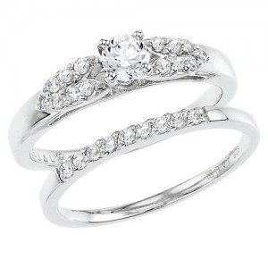 14K White Gold Qpid .50 Ct Diamond Double Crown Bridal Ring Set