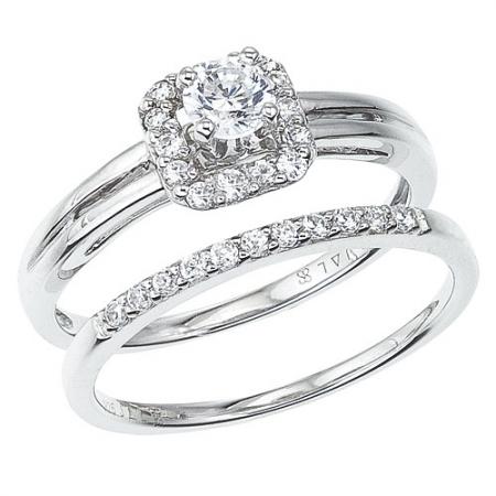 14K White Gold Qpid .50 Ct Diamond Square Tip Bridal Ring Set