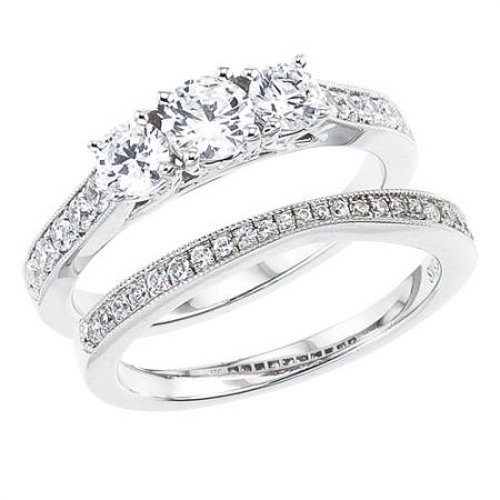 14K White Gold Qpid 1.13 Ct Diamond Three Stone Bridal Ring Set