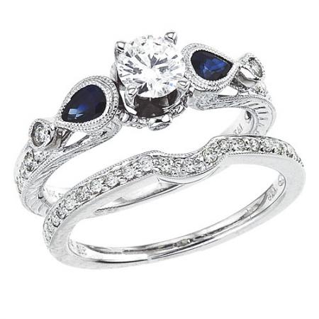 14K White Gold Qpid .83 Ct Diamond and Pear Sapphire Bridal Ring Set