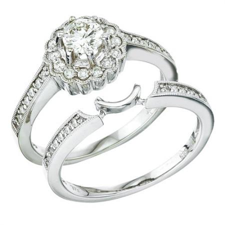 14K White Gold Qpid .68 Ct Diamond Cluster Bridal Ring Set