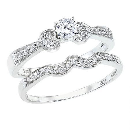 14K White Gold .37 Ct Diamond Double Heart Bridal Ring Set