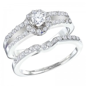 14K White Gold Qpid .82 Ct Diamond Double Row Halo Bridal Ring Set