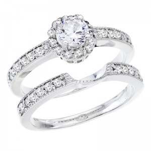 14K White Gold Qpid .75 Ct Diamond Halo Bridal Ring Set