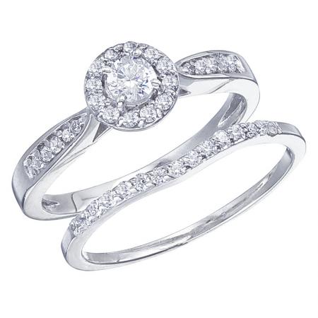 14K White Gold Qpid .41 Ct Diamond Round Halo Bridal Ring Set