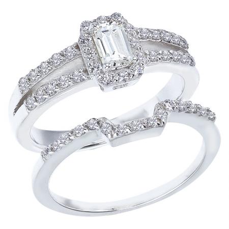 14K White Gold Qpid .75 Ct Diamond Emerald Cut Bridal Ring Set