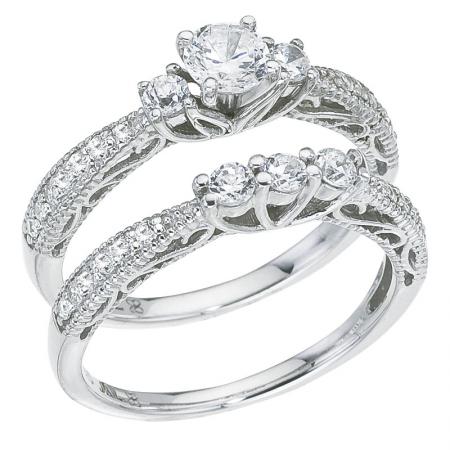 14K White Gold Qpid .76 Ct Three Stone Bridal Ring Set