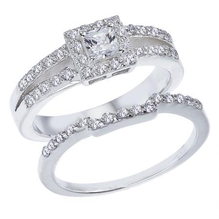 14K White Gold Qpid .89 Ct Diamond Princess Halo Bridal Ring Set