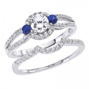 14K White Gold Qpid .77 Ct Diamond and Sapphire Halo Bridal Ring Set