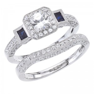 14K White Gold Qpid .94 Ct Diamond and Emerald Cut Sapphire Bridal Ring Set