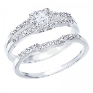 14K White Gold Qpid .53 Ct Diamond Princess Two Row Bridal Ring Set