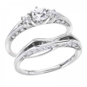 14K White Gold QPid .52 Ct Diamond Open Filigree 3 Stone Bridal Ring Set