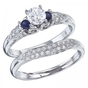 14K White Gold Qpid .50 Ct Diamond and Sapphire Bridal Ring Set