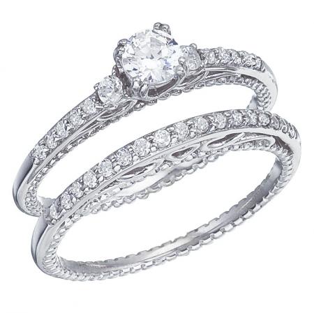 14K White Gold Qpid .50 Ct Diamond Filigree Bridal Ring Set