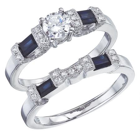 14K White Gold Qpid .58 Ct Diamond and Baguette Sapphire Bridal Ring Set
