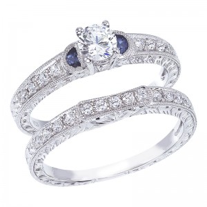14K White Gold Qpid .50 Ct Diamond and Half Moon Sapphire Bridal Ring Set