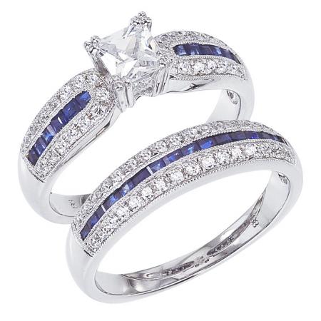 14K White Gold Qpid .70 Ct Princess Diamond and .84 Ct Princess Sapphire Bridal