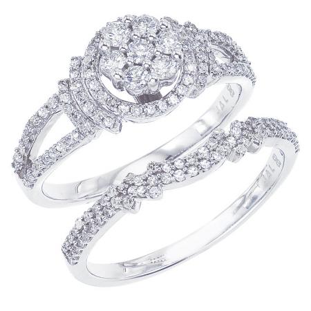 14K White Gold Qpid .68 Ct Diamond Halo Bridal Ring Set