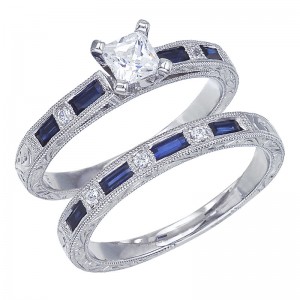 14K White Gold Qpid .37 Ct Diamond and 4x2 mm Baguette Sapphire Bridal Ring Set