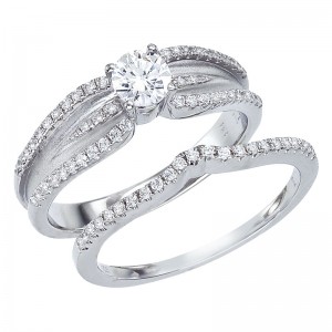 14K White Gold Qpid .68 Ct Diamond Brushed Bridal Ring Set