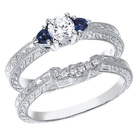 14K White Gold Qpid .45 Ct Diamond and 3mm Sapphire Bridal Ring Set