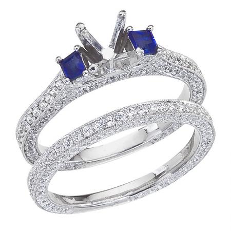 14K White Gold Qpid .85 Ct Diamond and Cushion Sapphire Bridal Ring Set