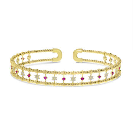 14K Yellow Gold 3-Row Sapphire and Diamond Star Flexible Cuff Bracelet