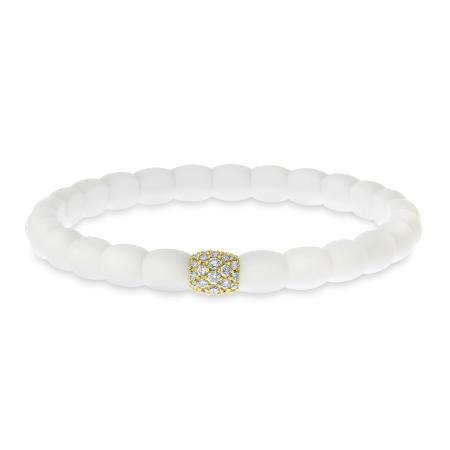 14K Yellow Gold and Diamond White Ceramic Barrel Stretch Bracelet