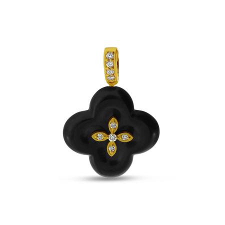 14K Yellow Gold Diamond Black Ceramic Clover Pendant