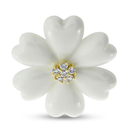 14K Yellow Gold Diamond White Ceramic Floral Pendant