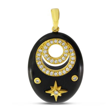 14K Yellow Gold Diamond Black Ceramic Celestial Pendant