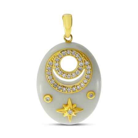 14K Yellow Gold Diamond White Ceramic Celestial Pendant