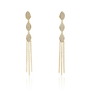 14K Yellow Gold Three Leaf Triple Chain Drop Diamond Fashion Earrings