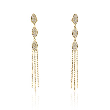 14K Yellow Gold Three Leaf Triple Chain Drop Diamond Fashion Earrings