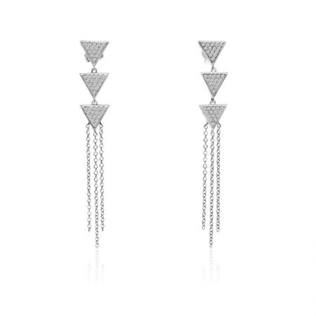 14K White Gold Three Triangle Triple Chain Drop Diamond Fashion Earrings