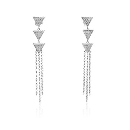 14K White Gold Three Triangle Triple Chain Drop Diamond Fashion Earrings