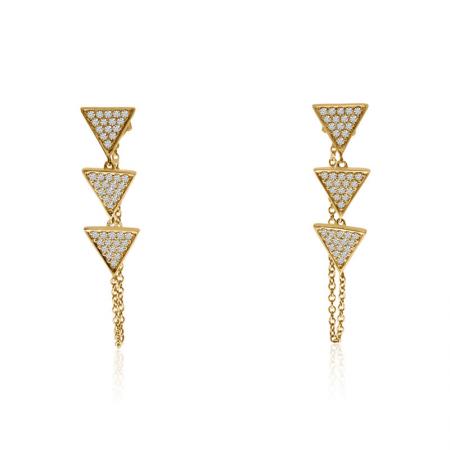 14K Yellow Gold Three Diamond Triangle Chain Post Diamond Fashion Earrings