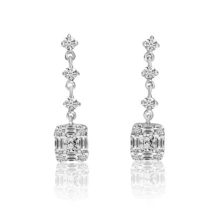 14K White Gold Baguette and Round Diamonds Fancy Cushion Dangle Earrings