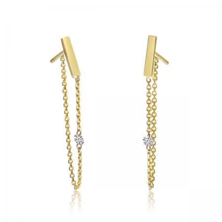 14K Yellow Gold Pierced Diamond Chain Dangling Post Earrings