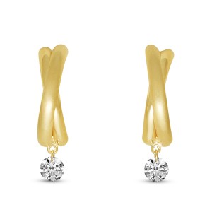 14K Yellow Gold Dashing Diamonds Crossover Half Huggie Pierced Diamond Earrings