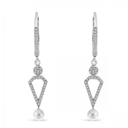 14K White Gold Diamond Leverback and Pearl Dangle Earrings